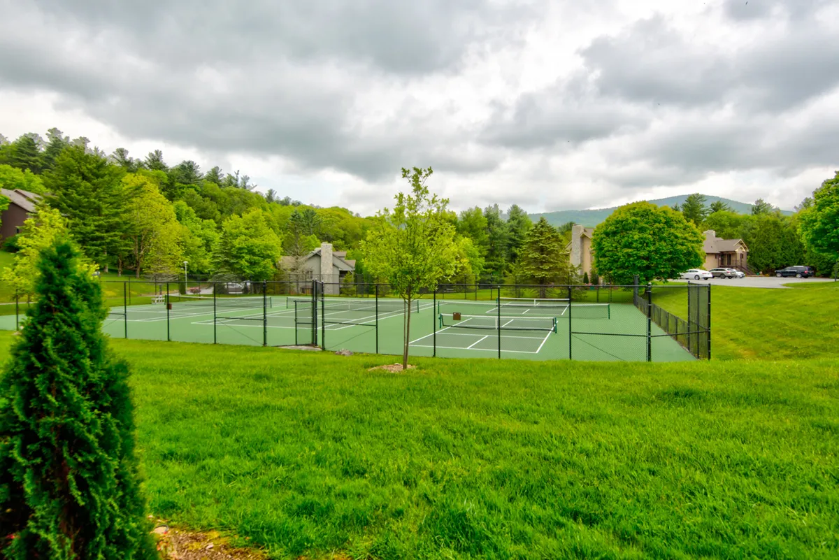 This image features well-maintained tennis courts surrounded by lush greenery, with the scenic mountains providing a dramatic backdrop. The courts are clearly visible as the focal point, and the open space suggests a variety of recreational possibilities in the area.
